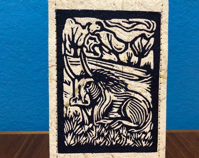 Handmade Small Paper Journal / Notebook with Linocut Print Cornhusk Paper Covers and Eucalyptus Journal Paper (80 pages)