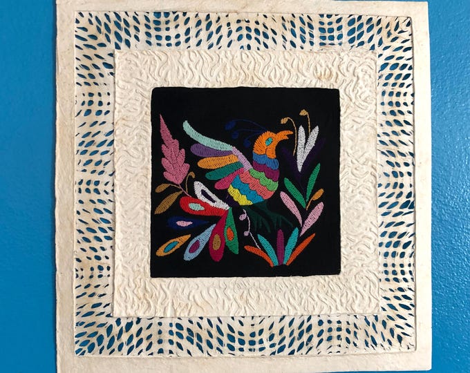 Amate Bark Paper Wall Art with woven border and hand embroidered Otomi bird design (15 3/4” x 15 3/4”)