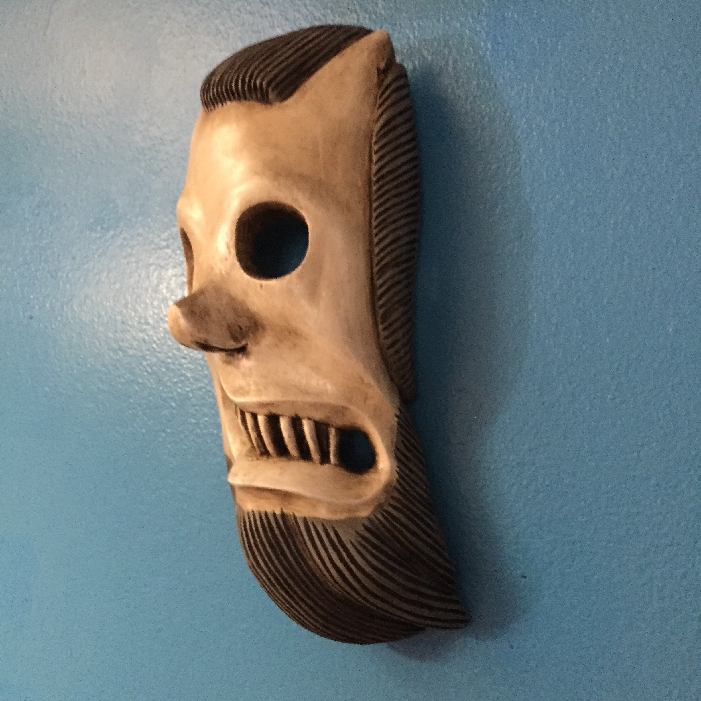 Mexican Decorative Indigenous Skull Hand Carved Wood Wall Mask
