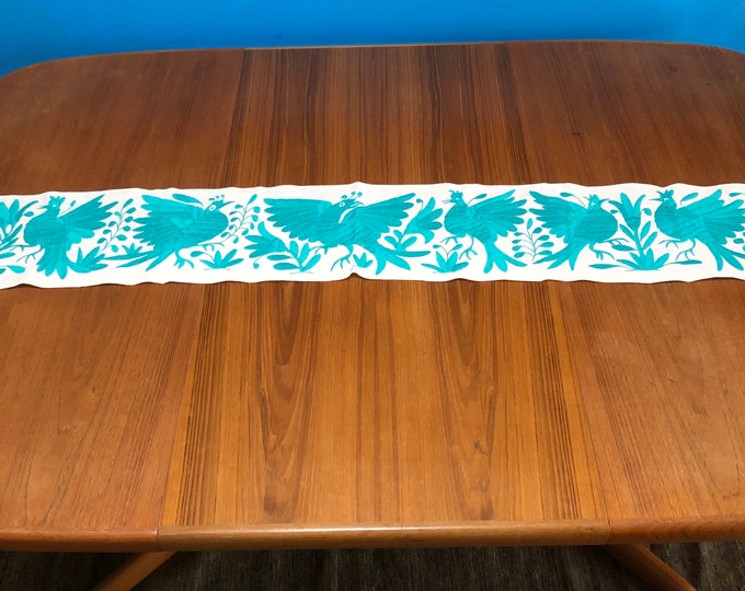 Otomi Hand Embroidered Table Runner / Bed Scarf - Turquoise Blue (74” x 8”)