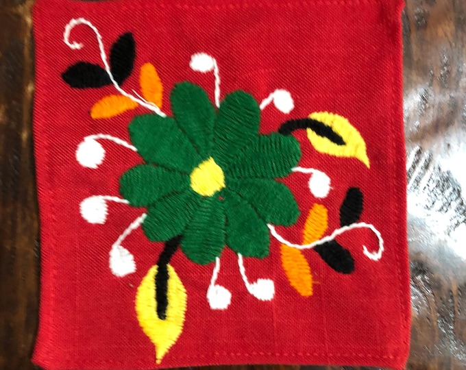 Otomi hand embroidered muslin coaster/cocktail napkin/frame-able art with multicolor flower design approx.  (4.5” x 4.5”)
