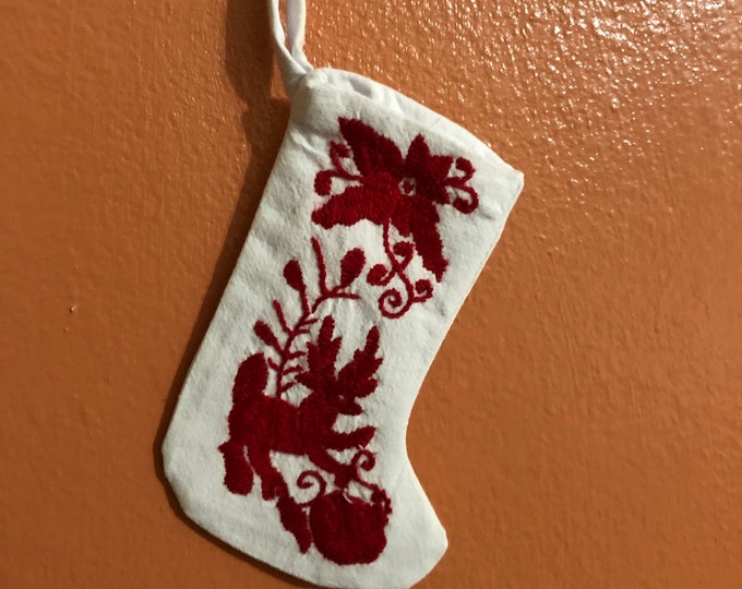 Hand embroidered Otomi Mini Stocking with Red Embroidery from Hidalgo, Mexico.