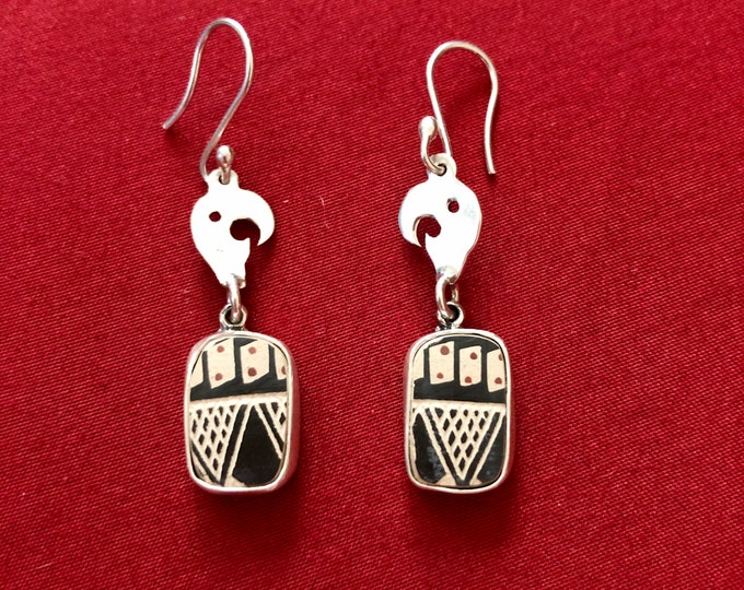 One of a Kind Mata Ortiz Silver Earrings - unique pottery shards set in .950 pure silver handcrafted settings