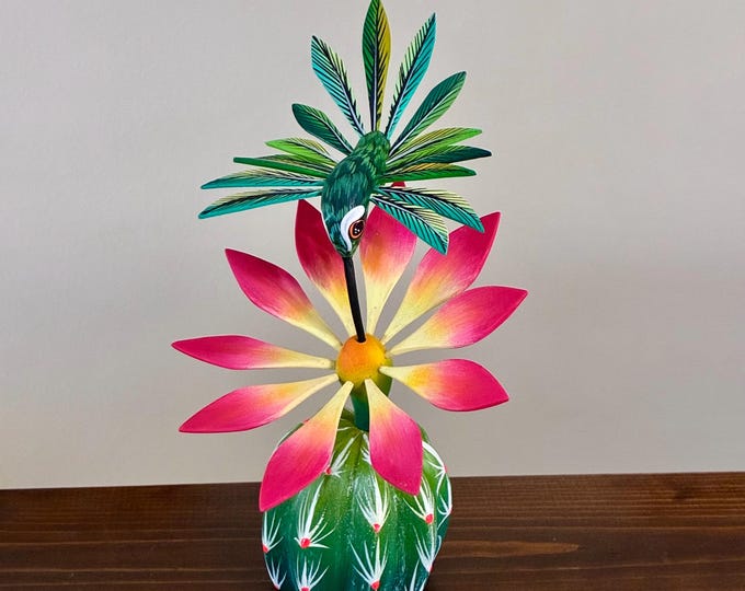 Handcrafted Alebrije Flowering Cactus with Hummingbird Woodcarving from Oaxaca, Mexico