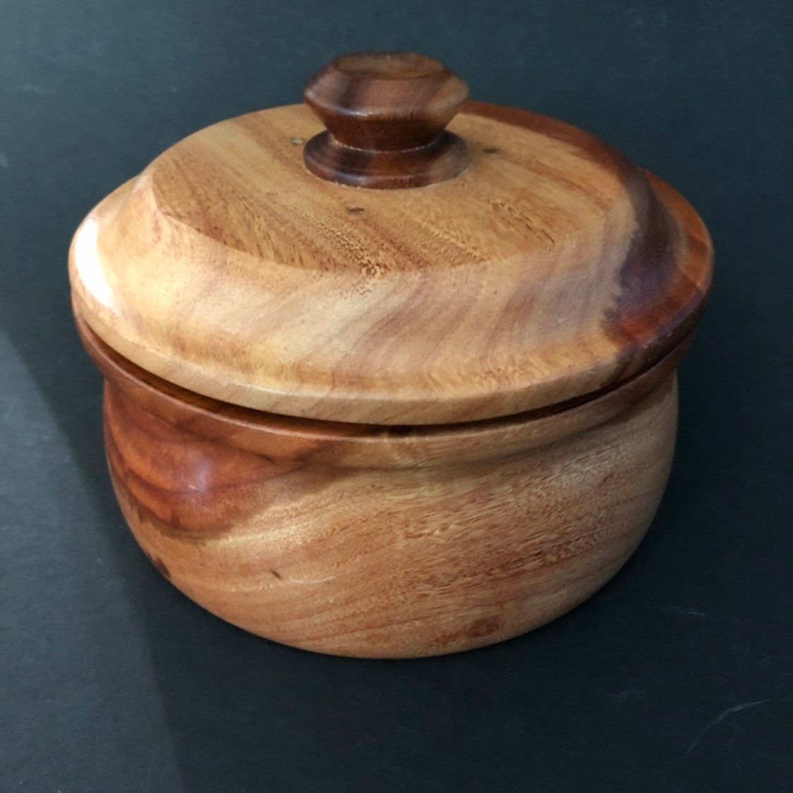 Hand carved wood serving bowl with lid made of Guamuchil wood from Mexico