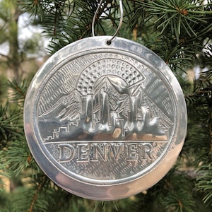 Handcrafted Hammered Aluminum Denver Skyline w/ Mountains Christmas Tree Ornament