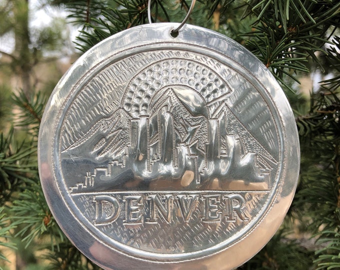 Handcrafted Hammered Aluminum Denver Skyline w/ Mountains Christmas Tree Ornament