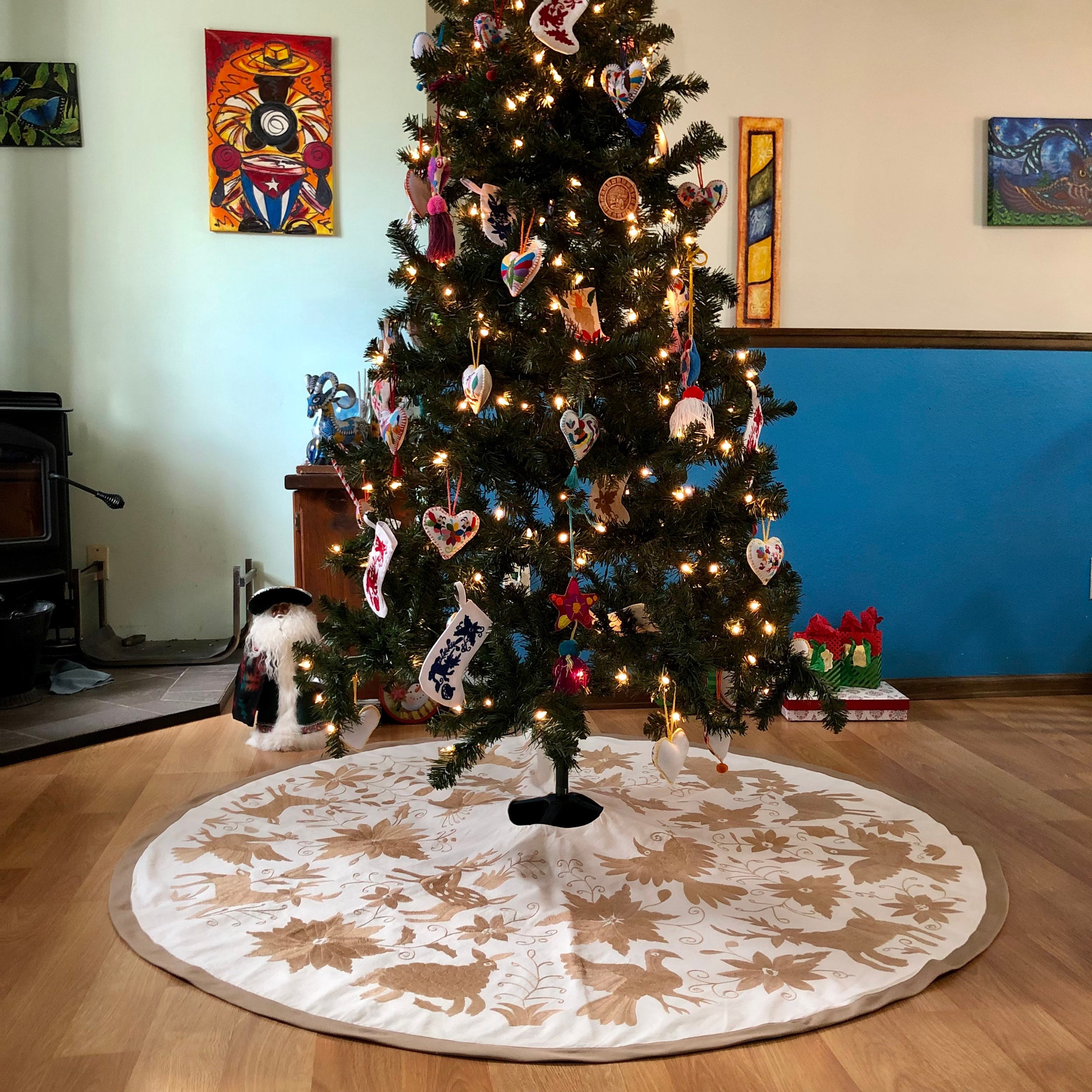 5 Hand Embroidered Otomi Christmas Tree Skirt on off white muslin cotton with beige embroidery and border from Hidalgo Mexico