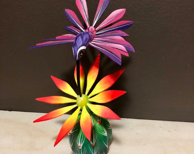 Handcrafted Alebrije Flowering Cactus with Hummingbird Woodcarving from Oaxaca, Mexico