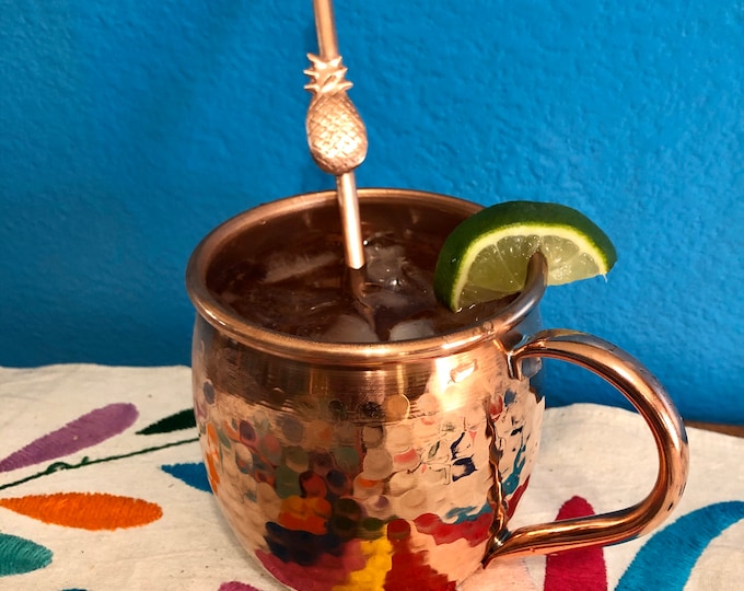 Pure copper cocktail swizzle stick / straw /drink stirrer with hand engraved Pineapple (7 1/2")