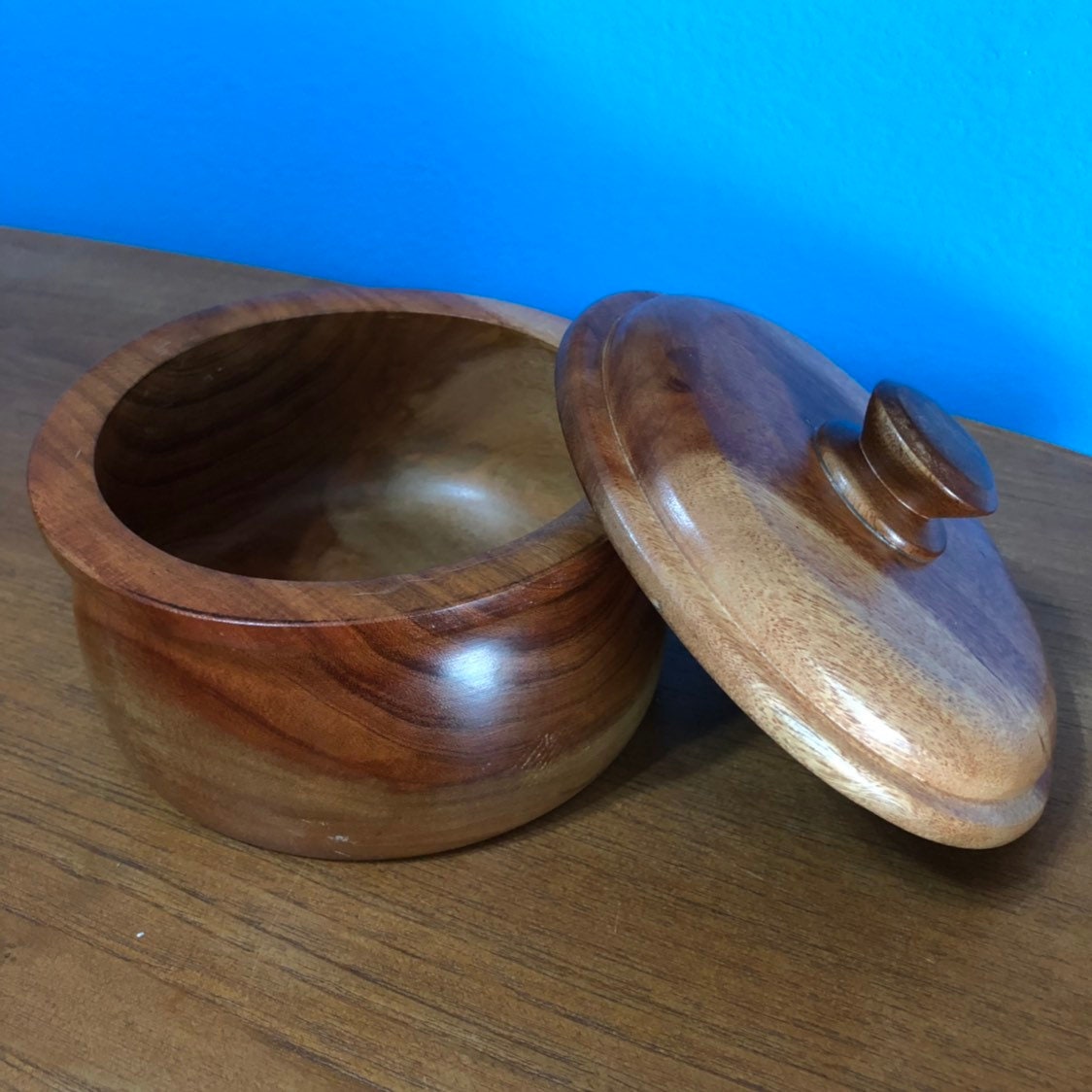 Hand carved wood serving bowl with lid made of Guamuchil wood from Mexico