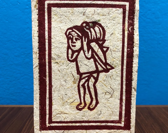 Handmade Small Paper Journal / Notebook with Linocut Print Cornhusk Paper Covers and Eucalyptus Journal Paper (80 pages)