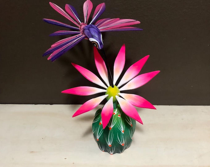 Handcrafted Alebrije Flowering Cactus with Hummingbird Woodcarving from Oaxaca, Mexico