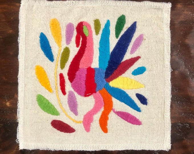 Otomi hand embroidered muslin coaster / cocktail napkin / frame-able art with multicolored bird and flowers.
