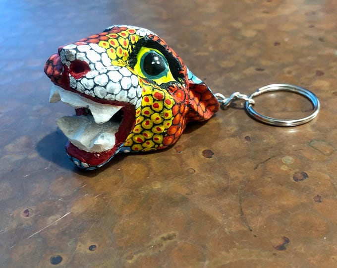Alebrije Alebrije Jaguar Head Keychain  Handcrafted Wood Carving by Esperanza Martinez from Oaxaca, Mexico.