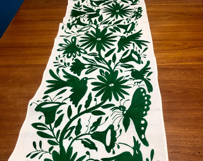 Otomi Hand Embroidered Table Runner /Bed Scarf /  Frame-able Art with Green Embroidery (approx. 74" x 17")