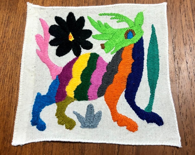 Otomi hand embroidered muslin coaster/cocktail napkin/frame-able art with multicolor spirit animal and flower design approx.  (5” x 5”)