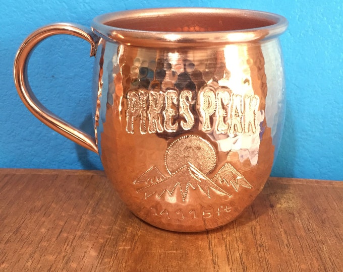 16oz Moscow Mule Hammered Copper Barrel Mug with Pikes Peak and mountains logo