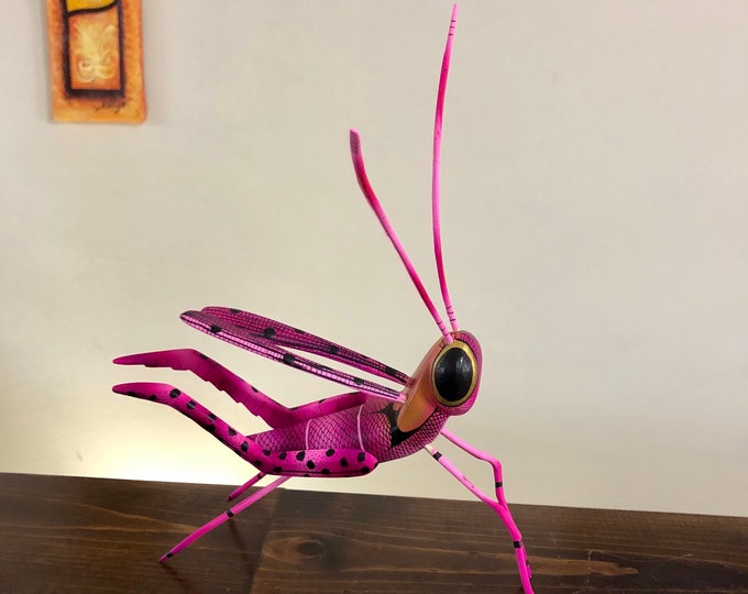 Alebrije Pink Grasshopper Handcrafted Wood Carving by Zeny Fuentes and Reyna Piña from Oaxaca, Mexico.