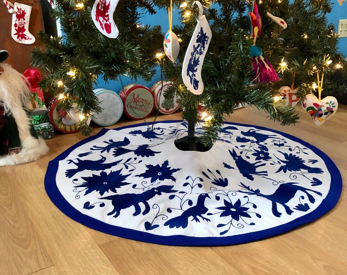 3’ diameter - Hand embroidered Otomi Christmas Tree Skirt on pure white muslin cotton with Blue embroidery and border from Hidalgo, Mexico