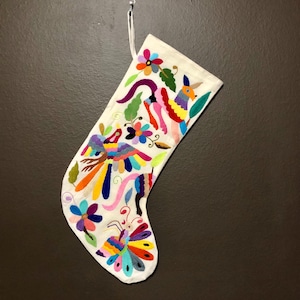 Hand Embroidered Otomi Christmas Stocking: Multicolor Mexican Folk Art