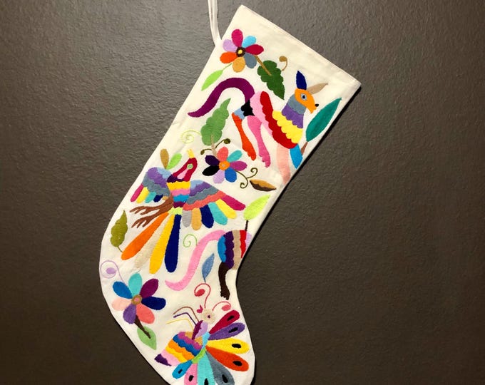 Hand Embroidered Otomi Large Christmas Stocking with Multicolor Embroidery from Hidalgo, Mexico (Off-White Cotton)