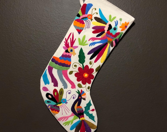 Hand Embroidered Otomi Large Christmas Stocking with Multicolor Embroidery from Hidalgo, Mexico (Off-White Cotton)