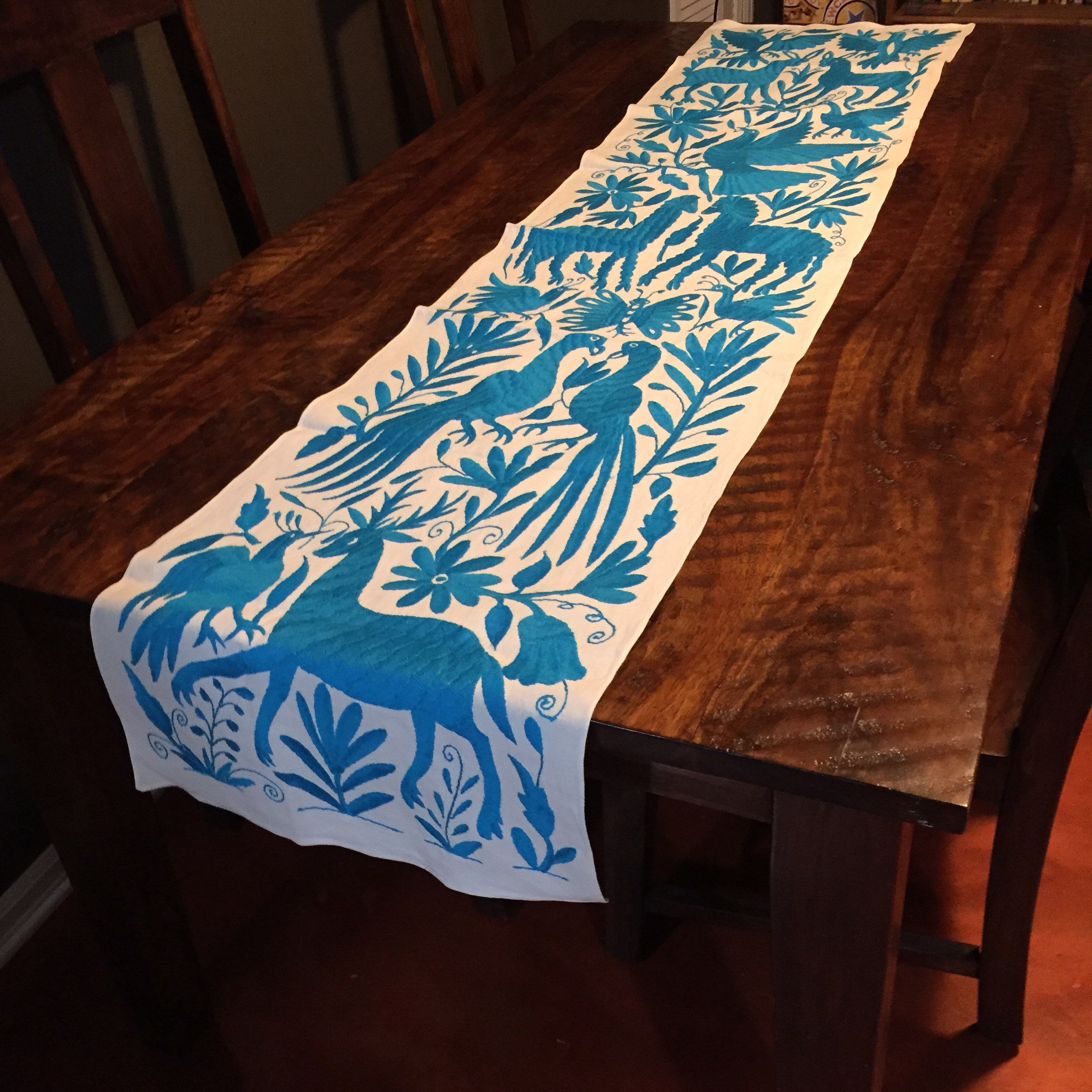 Otomi Hand Embroidered Table Runner Turquoise Blue