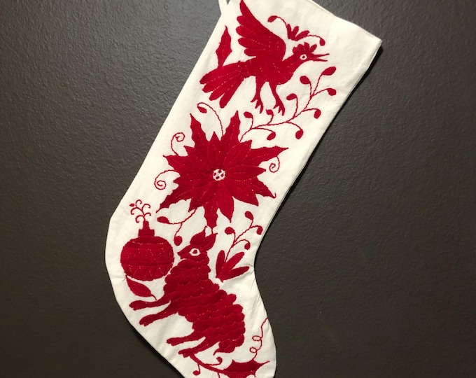 Hand Embroidered Otomi Christmas Stocking: Red Embroidery, Mexican Folk Art
