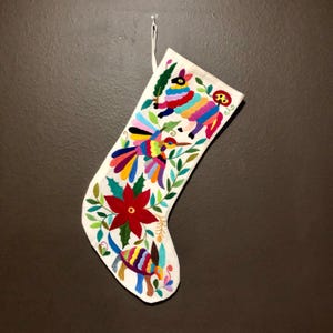 Hand Embroidered Otomi Christmas Stocking: Multicolor Mexican Folk Art