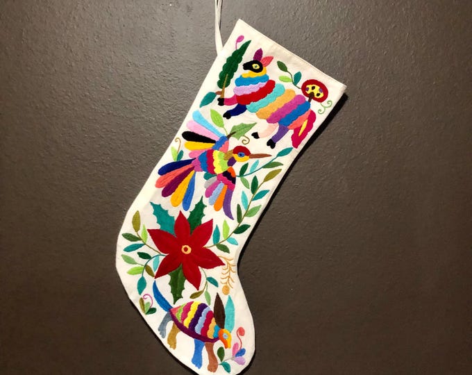 Hand Embroidered Otomi Large Christmas Stocking with Multicolor Embroidery from Hidalgo, Mexico (Off-White Cotton)
