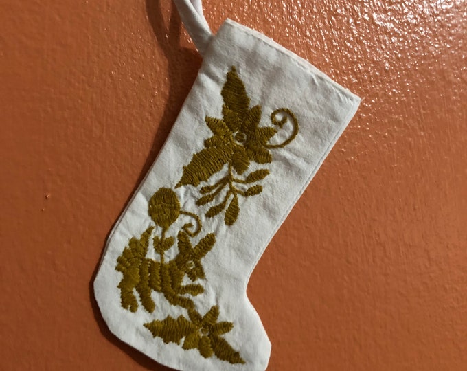 Hand embroidered Otomi Mini Stocking with Gold Embroidery from Hidalgo, Mexico.