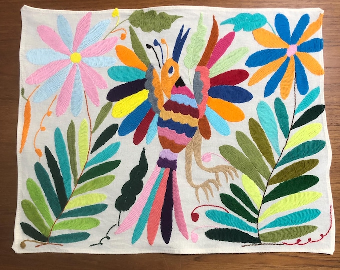 Hand Embroidered Otomi Placemat: Mexican Folk Art (17" x 13") - Multicolor Embroidery