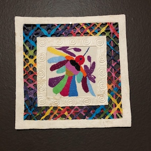 Handmade Amate Paper Wall Art with Otomi Embroidery from Mexico (8.75” x 8.75”)