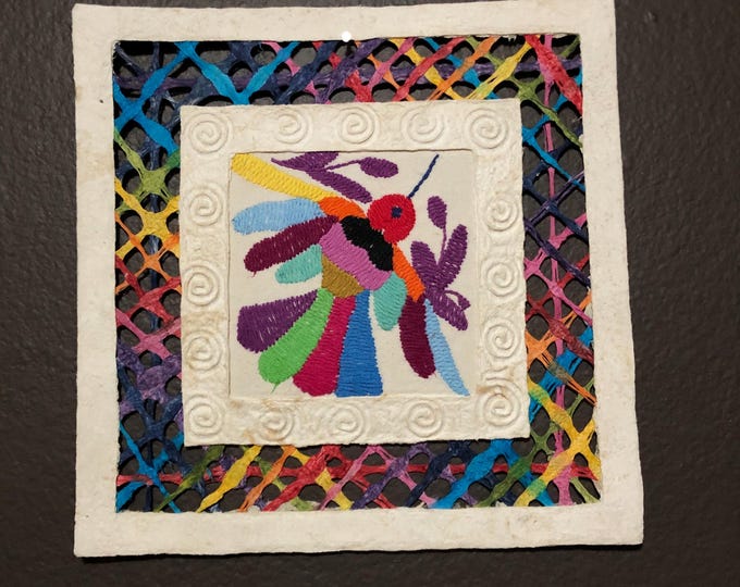 Handmade Amate Paper Wall Art with Otomi Embroidery from Mexico (8.75” x 8.75”)