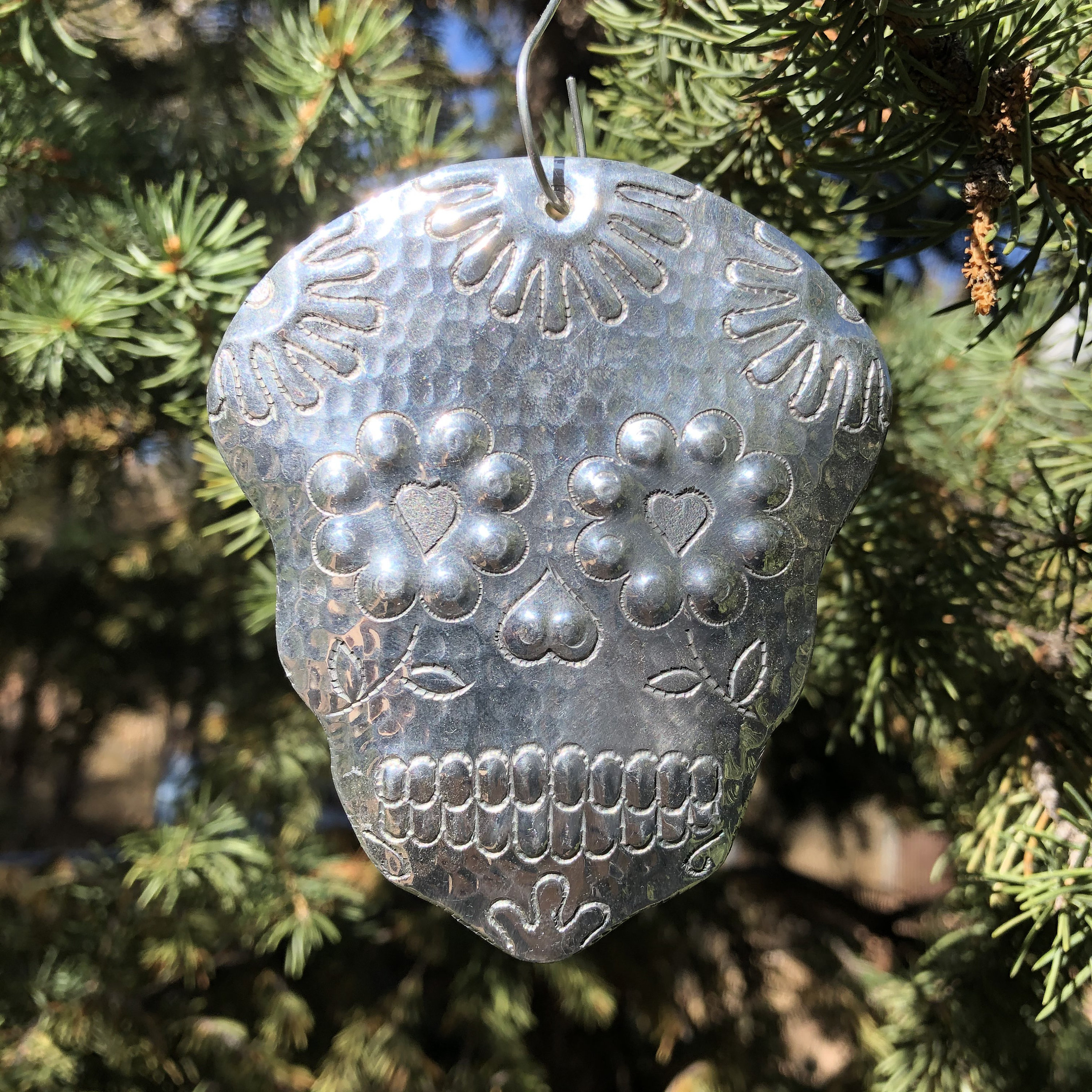 Handcrafted Hammered Aluminum Calavera Sugar Skull Christmas Tree Ornament