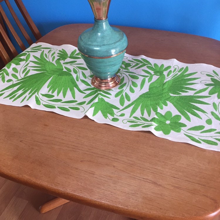 Otomi Hand Embroidered Table Runner /Bed Scarf / Frameable Art Lime