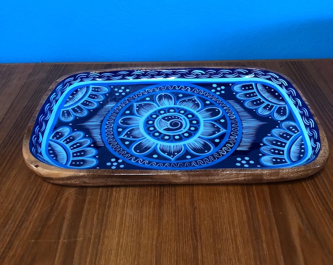 Hand carved hand painted decorative mesquite serving tray (14" x 9" x 1 1/4”)