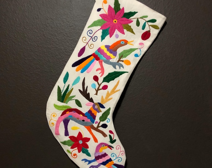 Hand Embroidered Otomi Christmas Stocking: Multicolor Embroidery Animals and Flowers