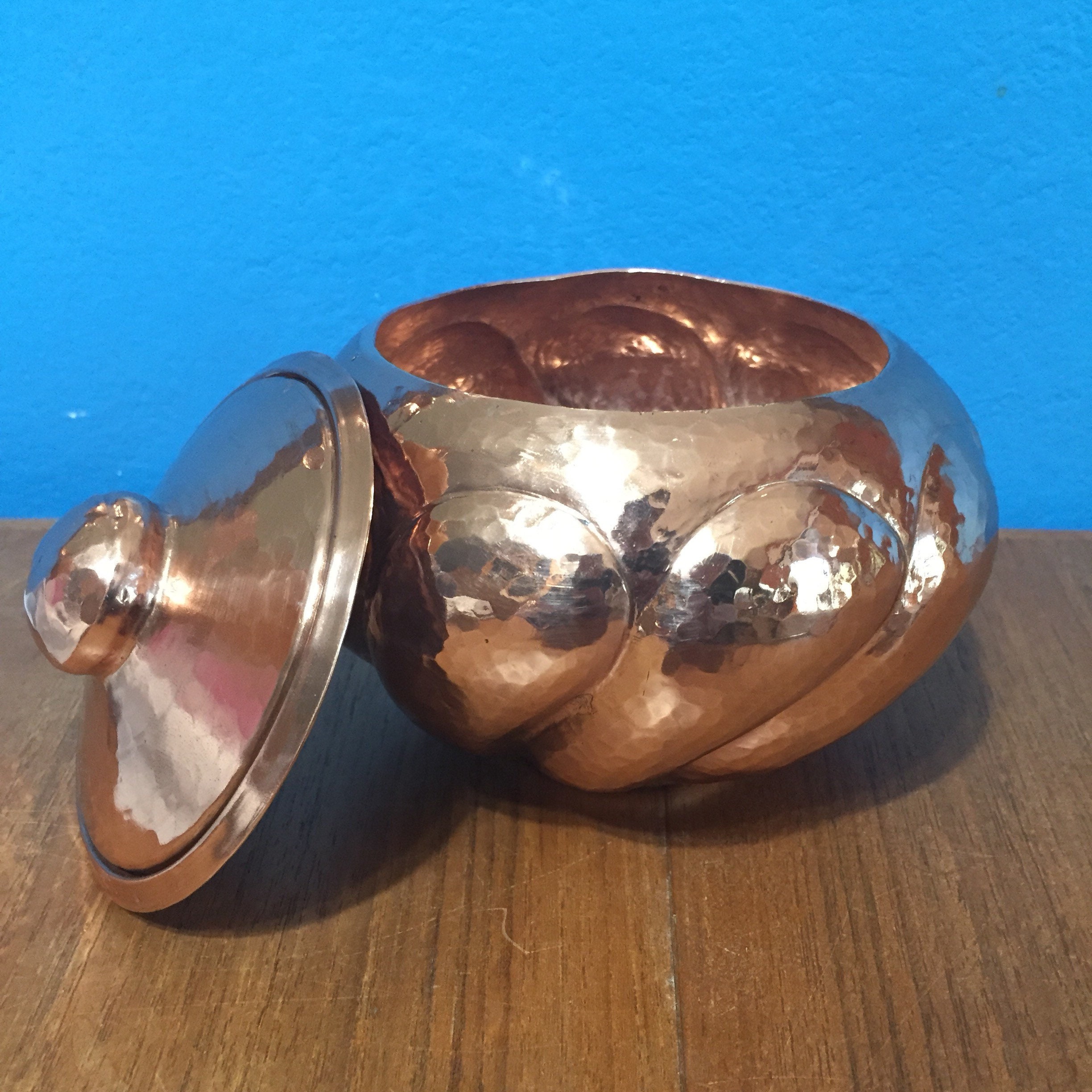 Hammered Copper Round Spiral Design Storage Container with Lid