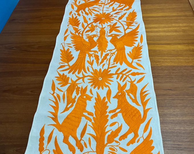 Otomi Hand Embroidered Table Runner /Bed Scarf /  Frame-able Art with Orange Embroidery (approx. 73" x 16.5")