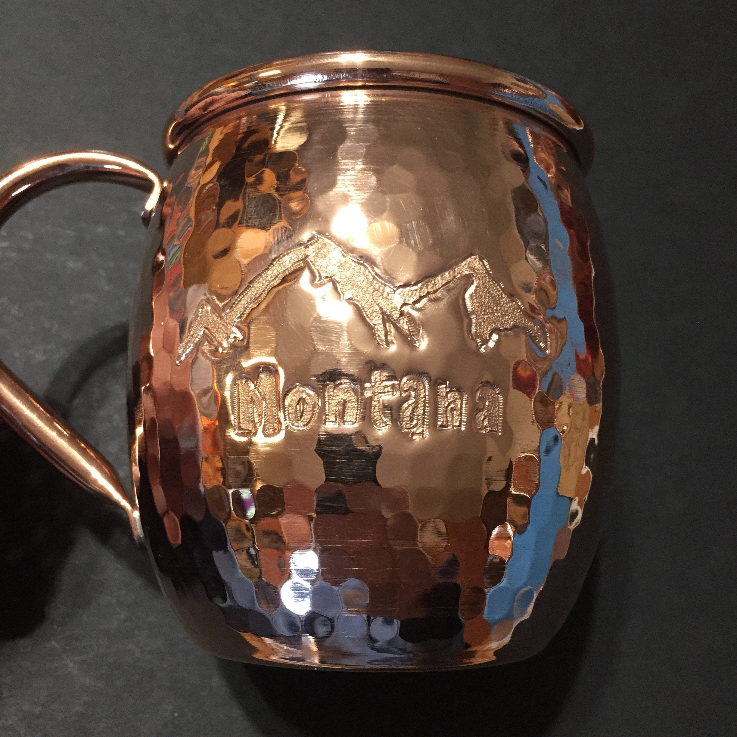 16oz Moscow Mule Hammered Copper Barrel Mug with Montana and mountains engraving