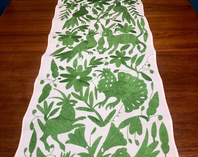 Otomi Hand Embroidered Table Runner /Bed Scarf /  Frame-able Art with Jade Green Embroidery (approx. 74" x 17")