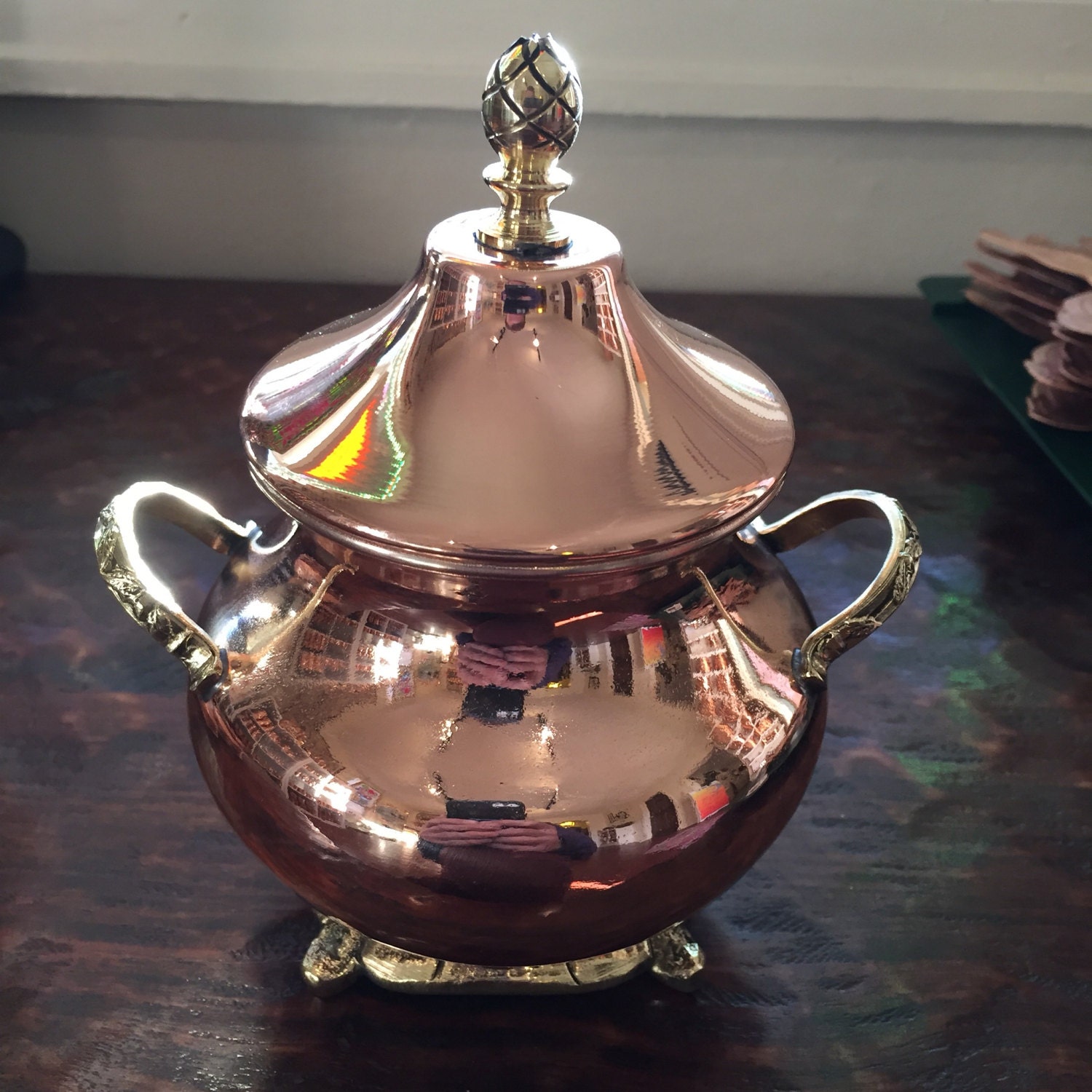 Decorative Copper Jar for Sugar, Coffee, or Tea w/ Brass Handles