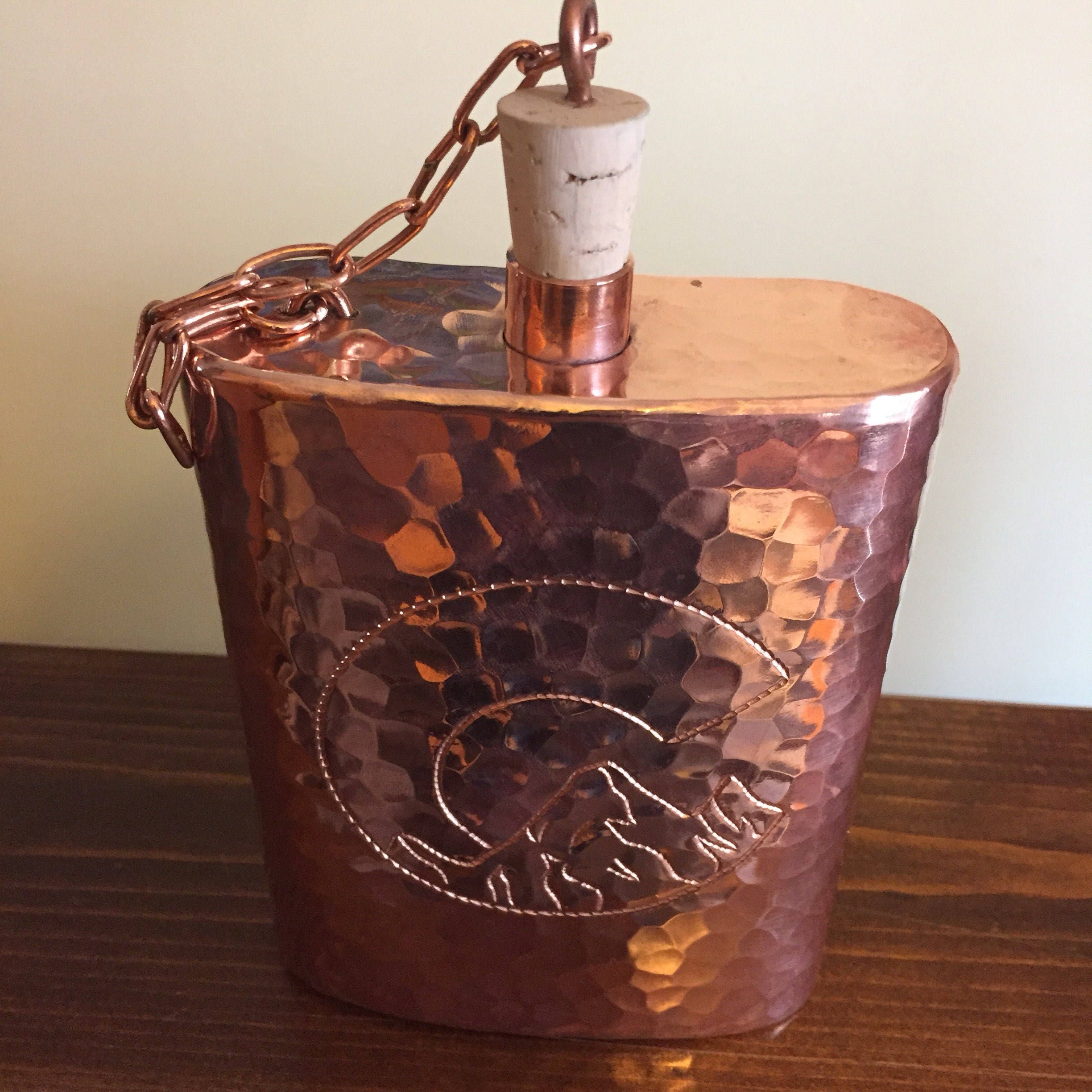 Handcrafted pure hammered copper 12 oz flask w/ Colorado mountain engraving