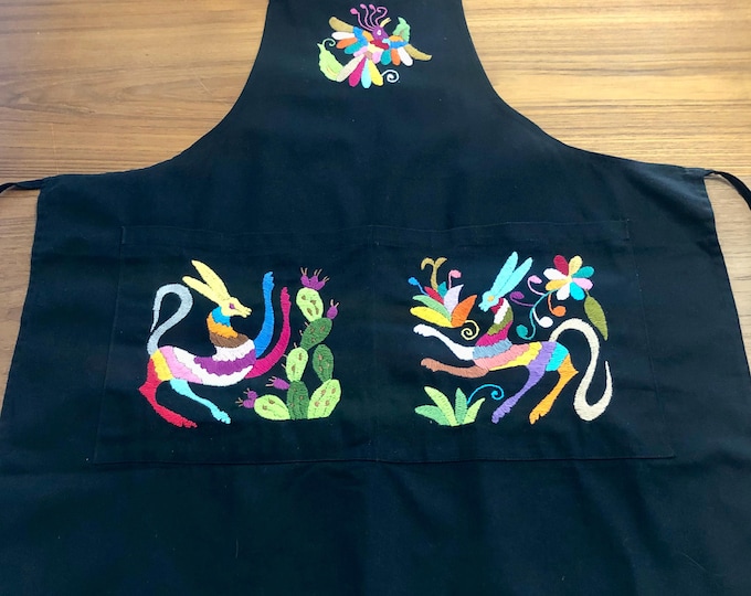 Hand Embroidered Otomí Adult Bib Apron from Hidalgo, Mexico - Black