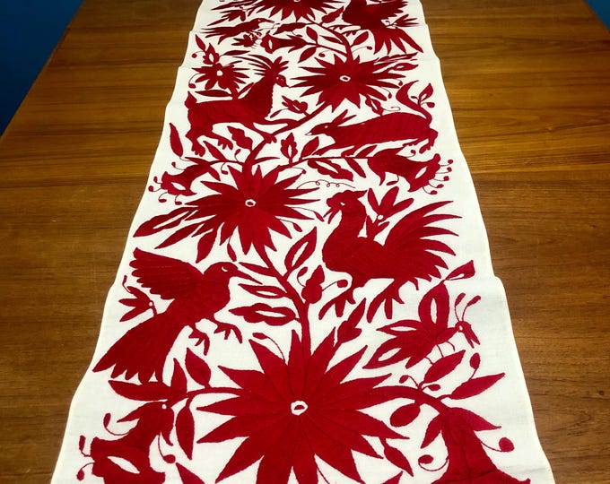 Otomi Hand Embroidered Table Runner /Bed Scarf /  Frame-able Art with Crimson Red Embroidery (approx. 74" x 17")