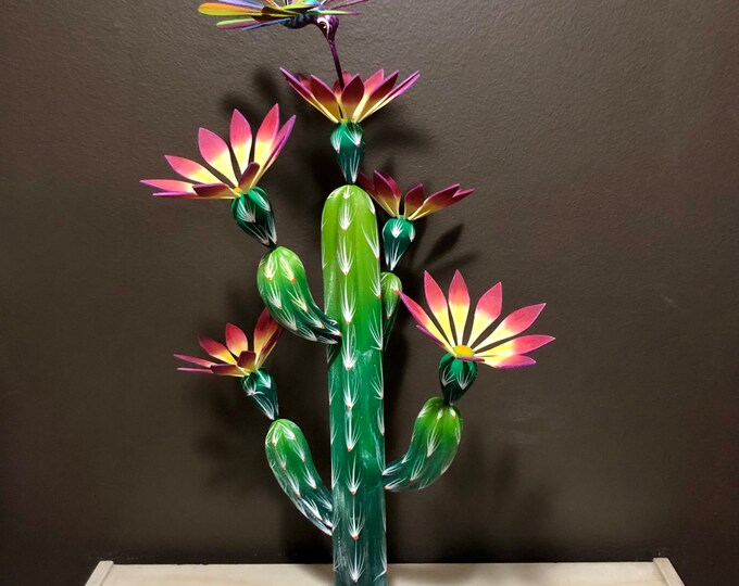 Handcrafted Alebrije Flowering Cactus with Hummingbird Woodcarving from Oaxaca, Mexico
