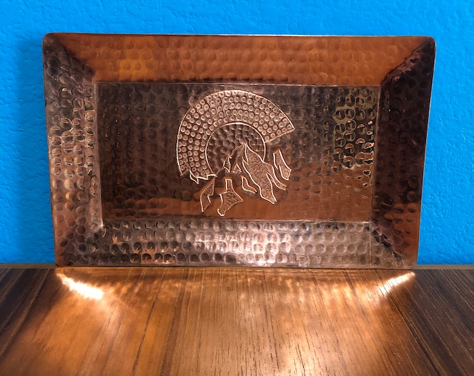 Pure Hammered Copper Valet Tray with Colorado C and Mountains Engraving  - 8" x 5"