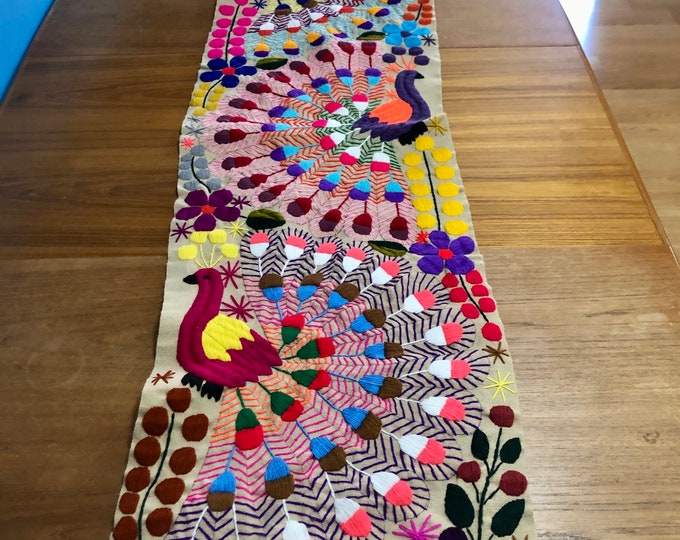 Hand Embroidered Table Runner - Beige Base with Multicolored Peacocks and Flowers